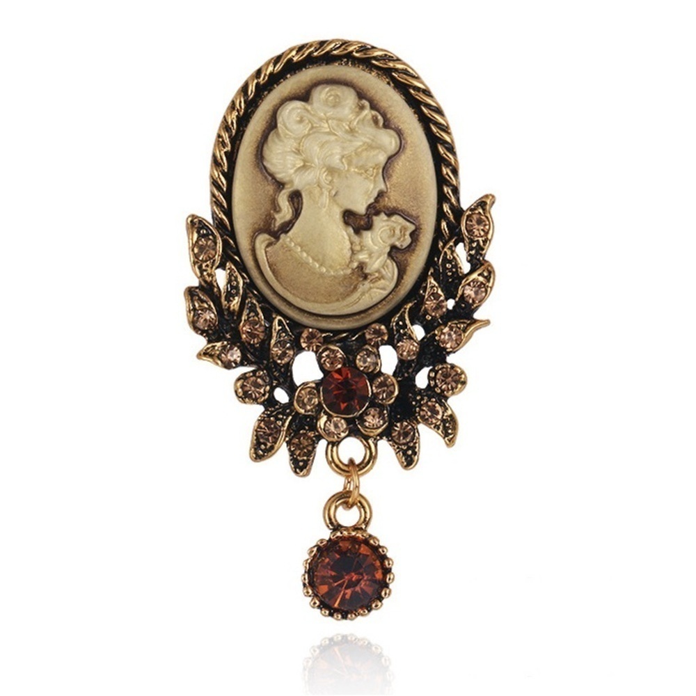 Vintage Style Victorian Lady Cameo Brooch Gold Tone Rhinestone Teardrop Tan